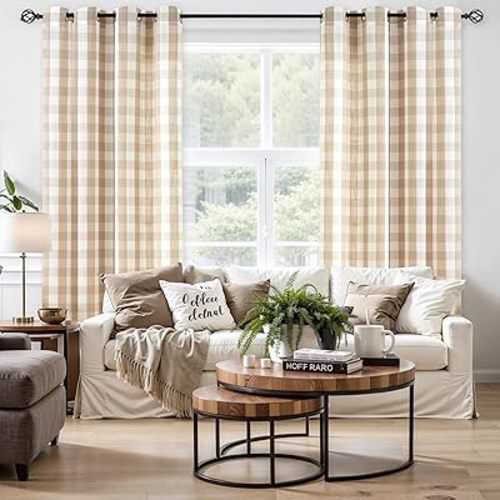 Jubilantex Tan White Buffalo Check Semi Sheer Curtain Panels Gingham Plaid Textured Curtains Drapery,Farmhouse Grommet Window Drapes for Living Room Bedroom Kids Room,2 Panels,Beige,40"x84"