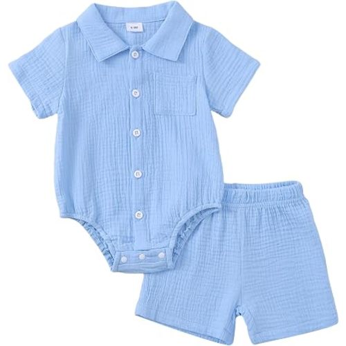 Jecson Newborn Boy Clothes Baby Boy Outfits Summer Cotton 2 Piece Set with Button Down Bodysuit and Shorts 0-18M