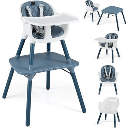 HONEY JOY 5-in-1 High Chair, Convertible Highchair for Babies and Toddlers/Kids Chair Table Set/Infant Feeding Chair w/Safety Harness, PU Leather Cushion & Removable Food Tray (Blue)
