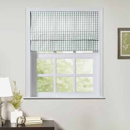 TWOPAGES No Drill Cordless Buffalo Plaid Roman Shades Roman Blinds for Windows, Custom Made Room Darkening Country Checkered Blinds Farmhouse Shades, Light Green Small Plaid, 1 Piece