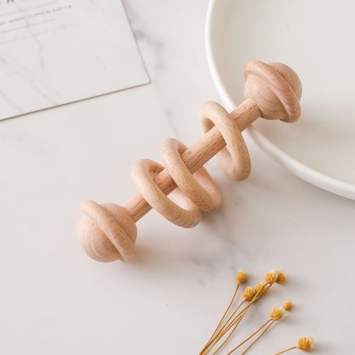Chriswell Wooden Baby Rattle, Newborn Wooden Rattle Toy, Natural Wooden Montessori Baby Grip 3 Ring Toy, Baby Gift Toy, Wood Rattle-1