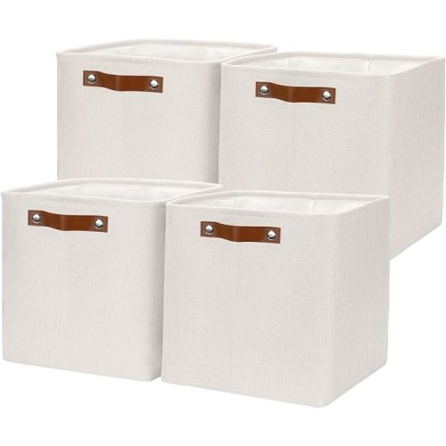 HNZIGE Foldable Cube Storage Bin(4 Pack) Storage Baskets for Shelves, Closet,12x12 Storage Cube Bins Baskets for Cube Organizer, Fabric Storage Cubes for Storage Home Organization with Handles(Cream)