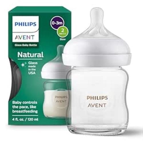 Philips Avent Natural Glass Baby Bottle with Natural Response Nipple (Slow Flow, Flow 2), 4oz, SCY910/01