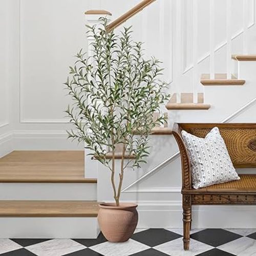 Artificial Olive Tree, 6FT Tall Faux Olive Tree with Pot, Artificial Plants with Natural Wood Trunk and Lifelike Fruits for Home Office Decor