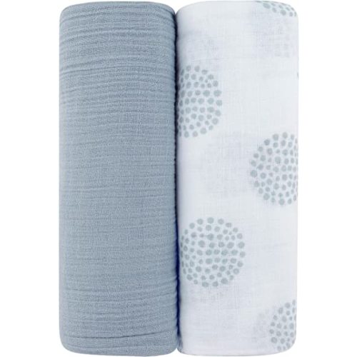 Ely's & Co. Cotton Muslin Swaddle Blanket 2-Pack for Baby Boy — 100% Cotton Muslin Extra-Large Swaddle Blankets (47” x 47”) Misty Blue, Solid & Dottie Design