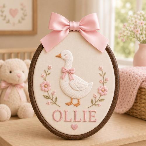 Personalized Embroidered Goose Name Sign, Oval Baby Nursery Decor, Custom Baby Shower Gift, Cottagecore Wooden Hoop Wall Art