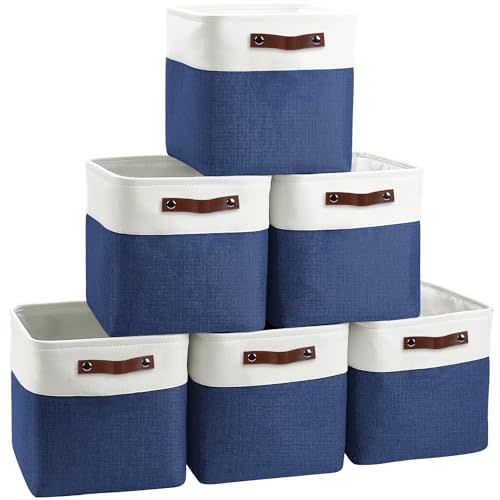 FinishingBo Cube Storage Baskets 6 Pack, 11x11 inch Cube Storage Bins with Leather Handles for Shelf Closet (White/ Blue)