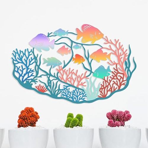 RESACO Metal Fish Wall Decor Nautical Coral Room Art Underwater Scene Design for Coastal Themed Interiors Beach House Nautical Decor