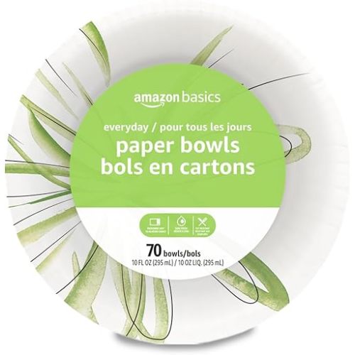 Amazon Basics Everyday Paper Bowls, 10 Oz, Disposable, 70 Count, White