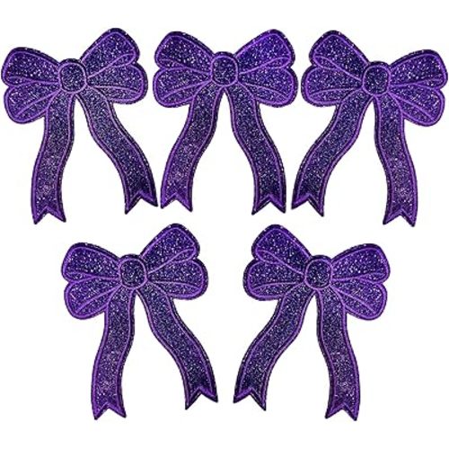 CY Iron On Patches Glitter 5Pcs Sweatshirt Side Bow Embroidered Cute Applique Sew On Fabric Patches Shiny DIY Decorative Accessories Lovely for Girls Women Clothes Backpacks Jackets,Purple