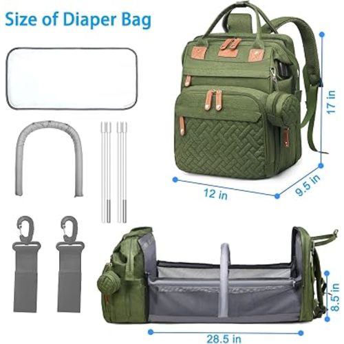 Jeryswet Baby Diaper Bags with Changing Station, Waterproof Large Capacity Diaper Bag Backpack for Moms Dads with USB Charging Port and Stroller Straps, Baby Shower Gifts, Green