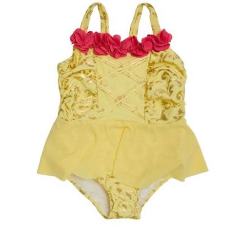 RuffleButts Baby Girls UPF50+ Princess Dress-Up One Piece Swimsuit - Golden Princess, 12-18m