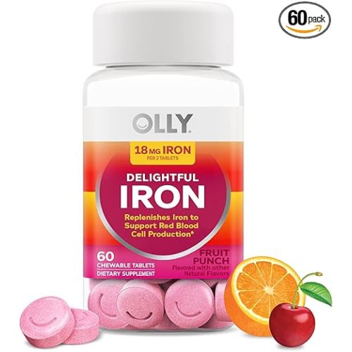 OLLY Delightful Iron Chewable Tablet, Iron Supplement from AB Fortis, Fruit Punch Flavored, 30 or 20 Day Supply - 60 Count
