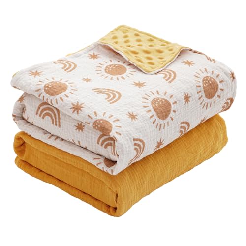 2 Pack Minky Baby Blankets,Super Soft Receiving Blankets with Muslin Cotton Front & Dotted Fleece Backing,39x29.5 Inches,Printed Bed Throws Newborn(Sun)