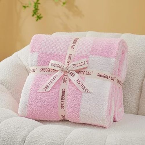 Snuggle Sac Checkered Blanket, Baby Pink Throw Blanket for Couch Plaid Microfiber Fluffy Warm Cozy Fuzzy Soft Throw Blanket Reversible Checkerered Blankets for Sofa, Bed, 60x80 inches