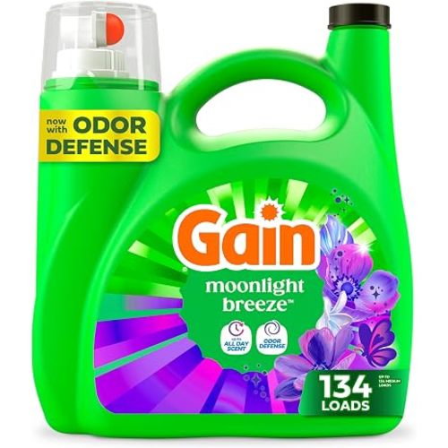 Gain Liquid Laundry Detergent with Odor Defense, Moonlight Breeze Scent, Laundry Soap For HE Washing Machines, 177 fl oz, 134 Loads (Packaging May Vary)