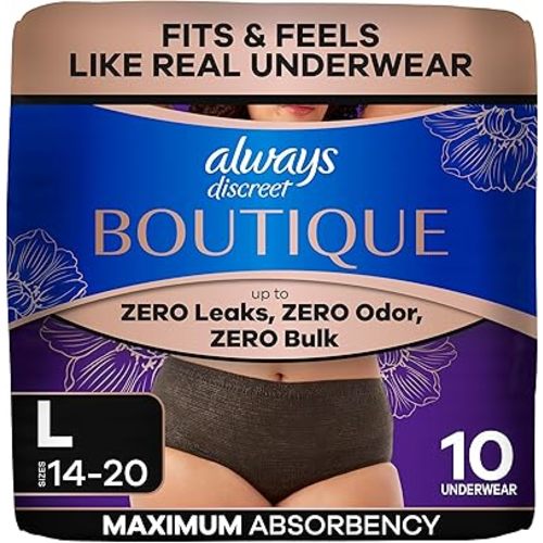 Always Discreet Boutique Incontinence and Postpartum Underwear for Women, Maximum Protection, Large, Black, 10 Count