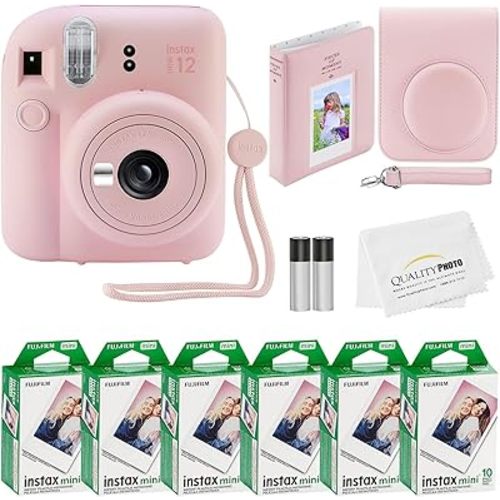Fujifilm Instax Mini 12 Instant Camera + 60 Photo Prints + Quality Photo Value Bundle, Case, Decoration Stickers, Frames, Photo Album, (Blossom Pink)