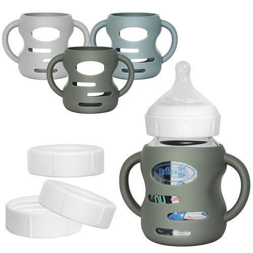 3 Pack Silicone Sleeves for Dr Brown Wide-Neck Glass Baby Bottles, Food GradeAnti Breakage Baby Bottle Holder with Handles and 3pcs Travel Bottle Caps, 5oz