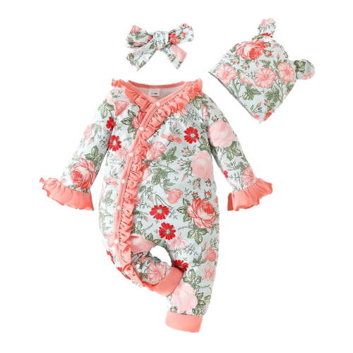 Newborn Pajamas Infant Footed Pajamas Outfits Long Sleeve Floral Prints Pullover Onesies Newborn Onesies RD1 3 Months-6 Months