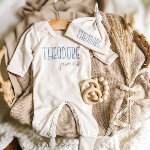 Personalized Newborn Baby Boy Coming Home Outfit, Custom Baby Romper with Hat Set, Gift for Baby Boy, Neutral Embroidered Outfit for Infant