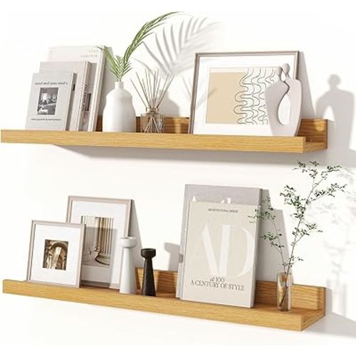 Fun Memories Picture Ledge Shelves Set of 2, 24 Inch Rustic Wall Mounted Floating Shelves with Lip for Home Storage and Décor in Bathroom, Kitchen, Nursery, Bedroom, Living Room, Oak
