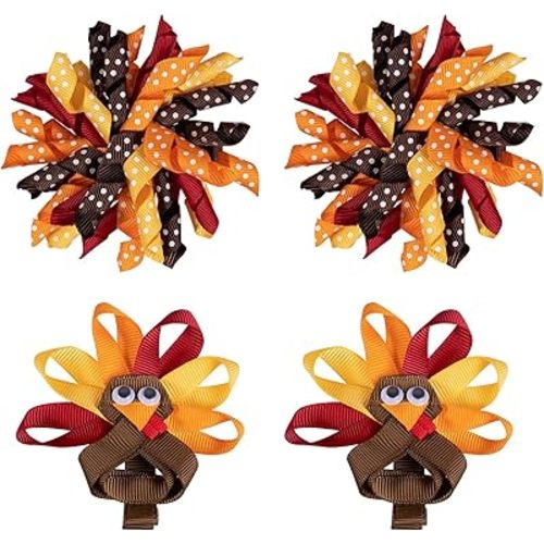 Thanksgiving Korker Hair Bow Clips Toddler Girls Cute Turkey Alligator Barrettes Cheer Pin Fall Curly Corker Ribbon Spiral Swirl Festival Decor Accessories Kids Give Thanks Gift