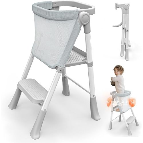 Toddler Step Stool Foldable, Kids Step Stools for Kitchen Counter, Foster Independence Learning Stool with Safety Guards&Net, Toddler Sturdy Standing Tower Kitchen Helper, Grey