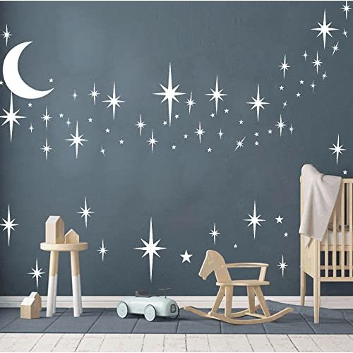Retro Starburst Wall Decals Stars Wall Sticker Star Moon Vinyl Decal White | Celestial decor, sparkle moon wall stickers decoration, peel and stick, removable art mural, for bedroom living room nursery
