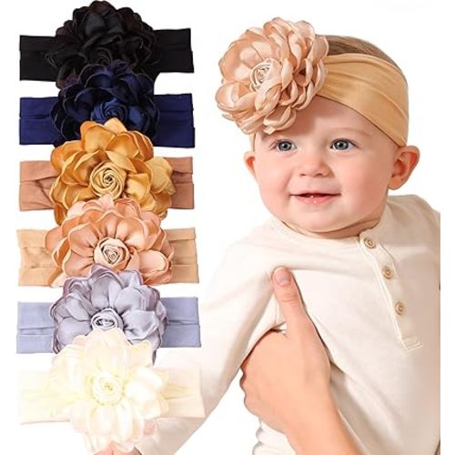 XIMA 6 Pcs Soft Baby Girl Flower Headbands, Elastic Nylon Floral Hair Accessories for Newborn Infant Toddler