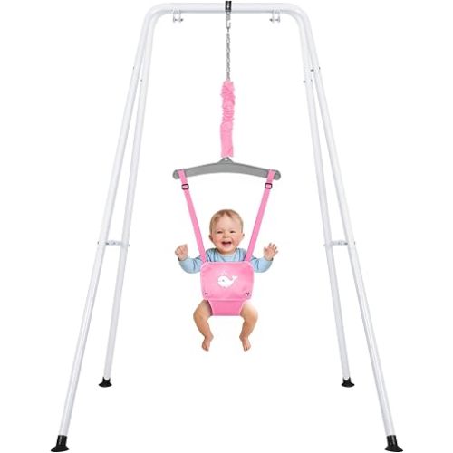 Baby Jumper with Stand, Adjustable Height Baby Jumpers and Bouncers Foldable Baby Exerciser Suitable for 6-24 Months, Easy to Assemble & Store (Pink)