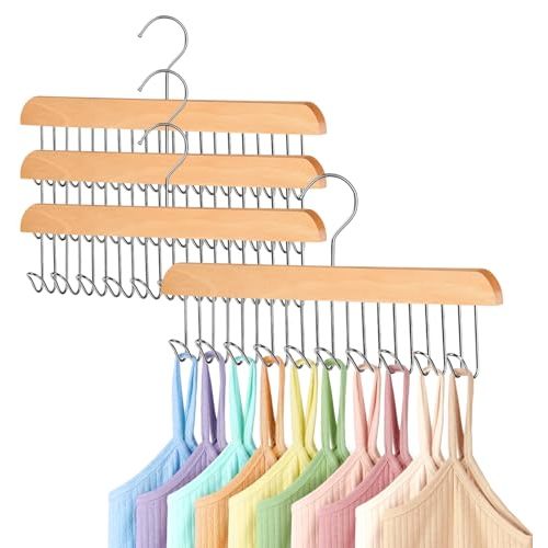 4 Pack Bra Hangers for Closet Organizer, Wood Tank Top Hangers Space Saving | Large Capacity Non-Slip Bra Organizer, Multi Hangers with 10 Hooks, Fits for Belt, Tie, Tank Top, Necklaces, Wooden Color