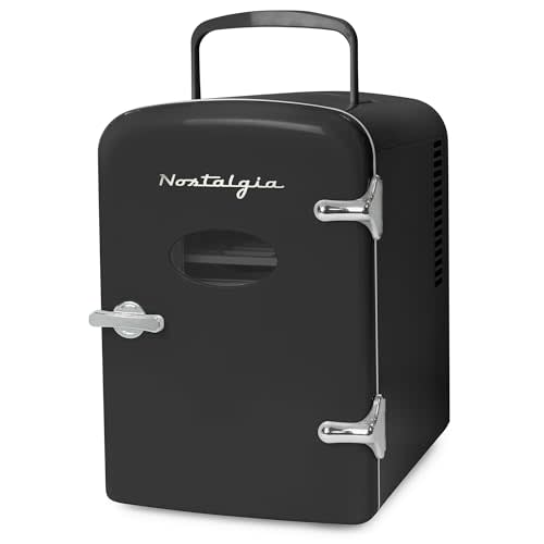 Nostalgia Retro Mini Fridge and Heater 6-Can Capacity, 12-Volt Power Adapter, Carry Handle and Display Window-Perfect for Home, Office, Car, or Dorm Room-Black