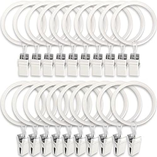 20 Pack Metal Curtain Rings with Clips, Curtain Clip Rings Hooks for Hanging Drapery Drapes Bows, Curtain Rod Rings 1.5 inch Interior Diameter, White