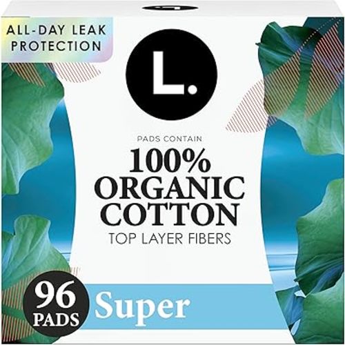 L. Ultra Thin Pads for Women, Super Absorbency, Organic Cotton Top Layer, Unscented Pads with Wings, 96 Count (4 Packs of 24)