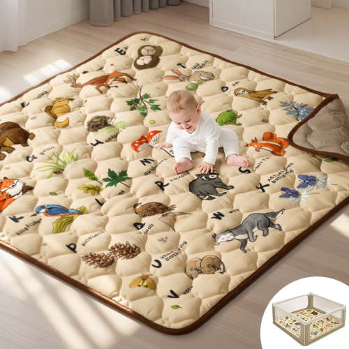 Baby Play Mat, Caveen Thicken Soft Cotton Baby Playmats, Foldable Anti-Slip Floor Crawling Playmat Playpen Mat for Infants and Toddlers, 50"x50", Brown