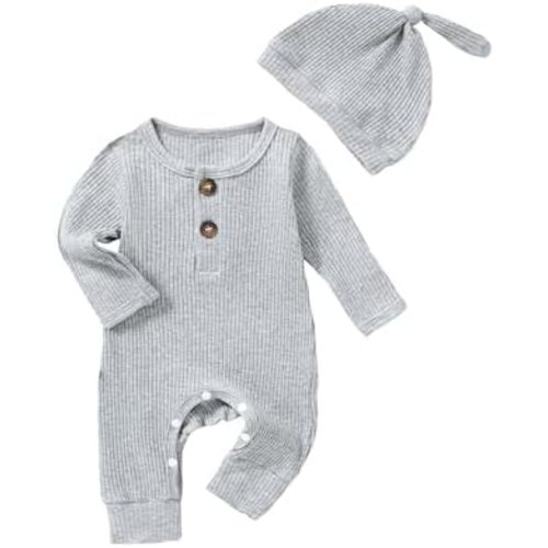 Newborn Baby Boy Girl Clothes Infant One Piece Rompers Solid Ribbed Knit Hat Long Sleeve Clothing Set