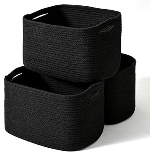 Black Storage Baskets for Organizing Shelves, Toy Basket for Nursery, Woven Cotton Rope Basket for Decor, Towel Baskets for Bathroom, 15"x11"x9.5", 3 Packs, Black