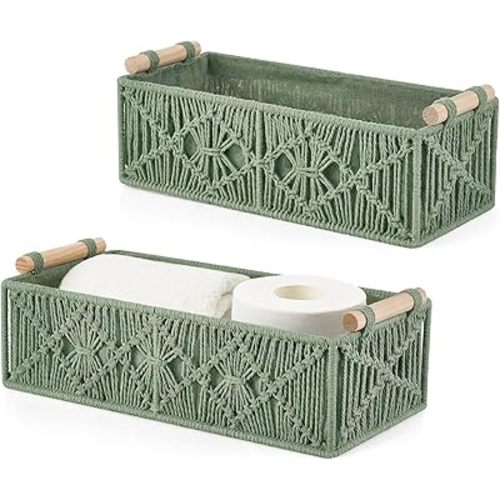 Mkono Macrame Storage Baskets Boho Decor Box Handmade Woven Decorative Countertop Toilet Tank Shelf Cabinet Organizer for Bedroom Livingroom Home, Set of 2, Green