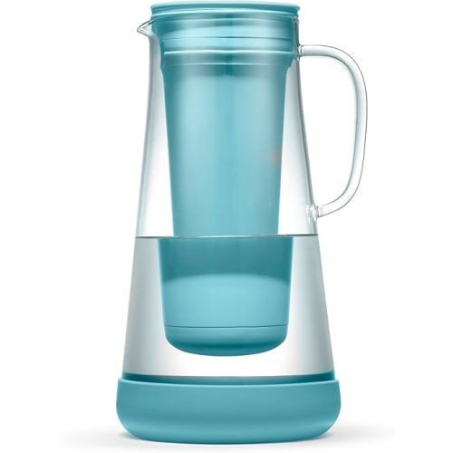 LifeStraw Home– Water Filter Pitcher, 7-Cup, Glass with Silicone Base, Juniper, for Everyday Protection Against Bacteria, Parasites, Microplastics, Lead, Mercury, PFAS and a Variety of Chemicals