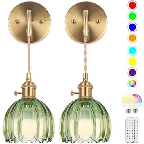 Battery Operated Wall Sconce, Indoor not Hardwired Wall Sconces Deep Green Glass Lampshade with RGB Dimmable, Wall Sconces Set of Two with Remote, Vintage Wall Lamp, for Bedroom Living Room
