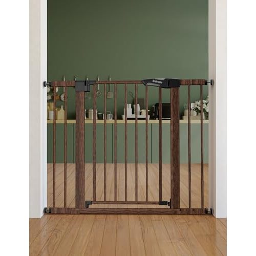 Mom's Choice Award Winner-BABELIO 26-40" Metal Baby Gate with Black Wood Pattern, PressGuard C5 Easy Install Pressure Mounted Dog Gate for Stairs and Doorways, with Wall Protectors and Extension Kits