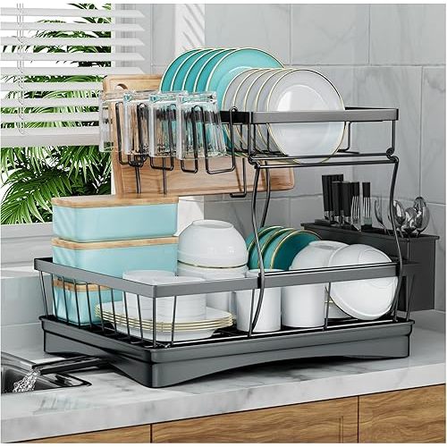 7 code Large Dish Drying Rack for Kitchen Counter, Detachable Large Capacity Dish Drainer Organizer, 2-Tier Dish Racks with Utensil Holder, Black