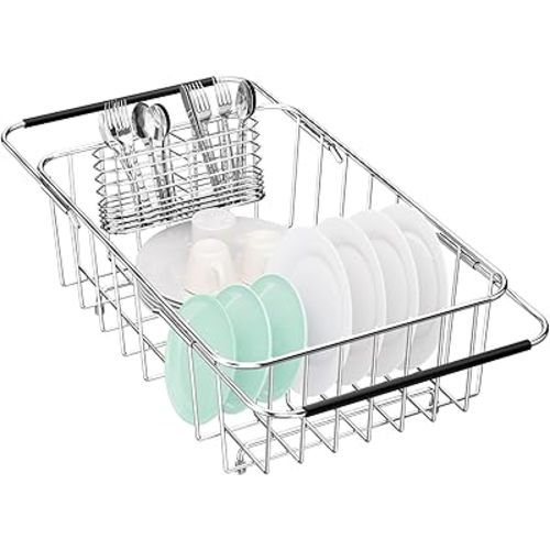 Small Dish Drainer Rack in Sink Adjustable, Expandable Stainless Steel Metal Dish Drying Rack Organizer with Stainless Steel Utensil Holder Over Inside Sink Counter, Rustproof(for 1-2 People)