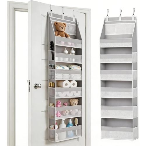 Over The Door Organizer, 6 Large Pockets + 13 Mesh Side Pockets, Hanging Storage, 55lbs Capacity, Heavy Duty Non-Woven Fabric for Baby Nursery, Bathroom, Pantry, Closet, Grey, 1 Pack