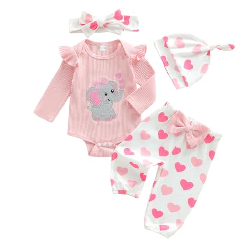 Liyabanna Newborn Baby Girl Clothes Ruffle Long Sleeve Elephant Ribbed Romper Heart Pants Set My First Valentines Day Outfit
