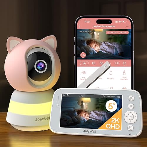 JolyWell 2K Video Baby Monitor with 5" Screen, WiFi Baby Camera with APP & Monitor Control, Full-Angle Pan Tilt, Auto Tracking, Motion & Sound Alerts, Real-Time Recording, 2-Way Audio, VOX, Lullabies