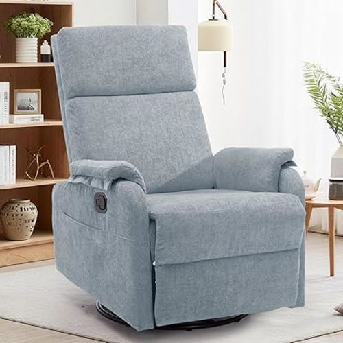 Korser Recliner Chair, Swivel Rocking Recliner Chair for Adults, Glider Rocking Chair, Small Nursery Chair Recliner for Living Room, Reclining Chair with Modern-Designed Armrests, Chenille, Blue