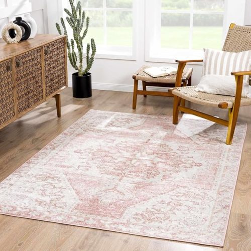BoutiqueRugs Pink Medallion Traditional 8x10 Large Area Rug Plum Beige Bordered Snead Great Room Open Concept Master Bedroom Large Dining Room 7'9" x 9'6" Non-Shedding Pet Friendly