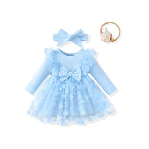 Renotemy Baby Girl Flower Dress Fall Winter, Tutu Tulle Princess Wedding Birthday Party Dresses for Newborn Girls 0-18 Months